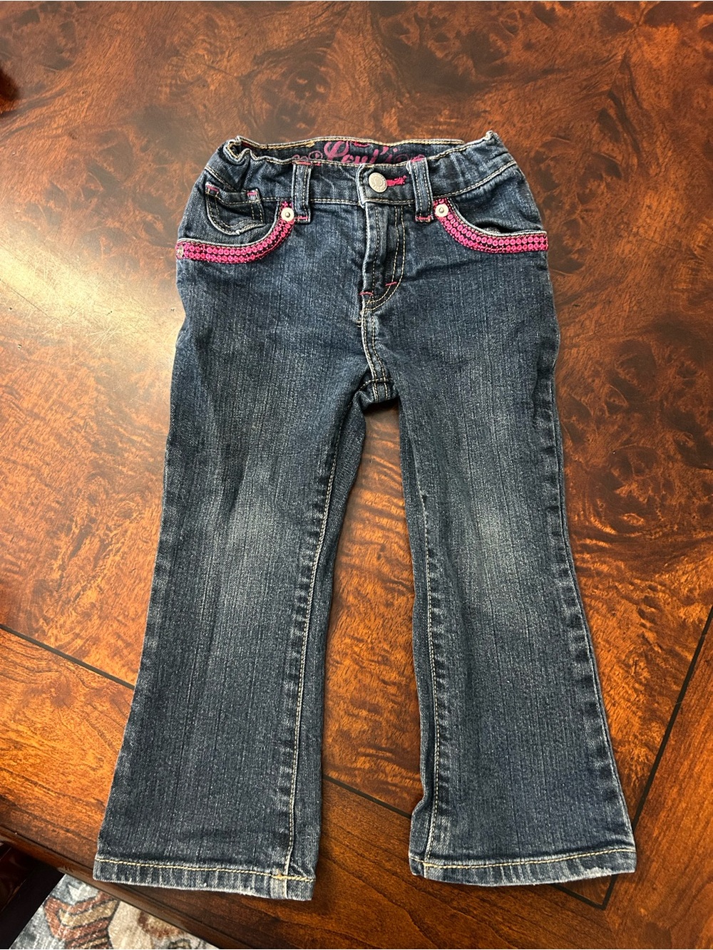 Levi's Jeans Girls 3T Regular Blue Denim Flare Pink Sequin Pockets Adjust Waist